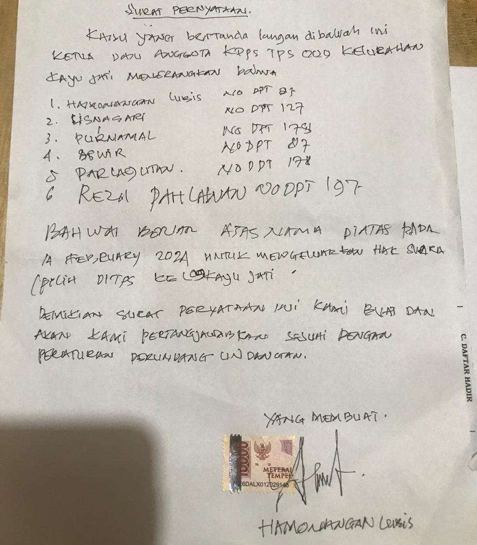 Suara sah melebihi daftar hadir, diduga pemilih siluman bertebaran di Tempat Pemungutan Suara (TPS) 009 Kayu Jati Kecamatan Panyabungan Kabupaten Mandailing Natal (Madina).