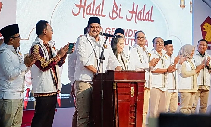 DPD Partai Gerindra Sumut menggelar acara halal bihalal yang berlangsung meriah di Reagel Convention Hall, Medan, Sabtu (26/4/2025)