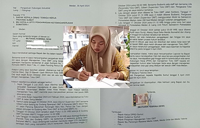 Hari Buruh se-Dunia 1 Mei 2025 ini menjadi pil pahit bagi Mutiara Febrina Dewi. Eks pekerja Toko GMT Jalan Sutrisno 167 D Medan ini mengalami 'sisi hitam' menjadi pekerja di distributor raksasa sparepart handpone skala nasional.