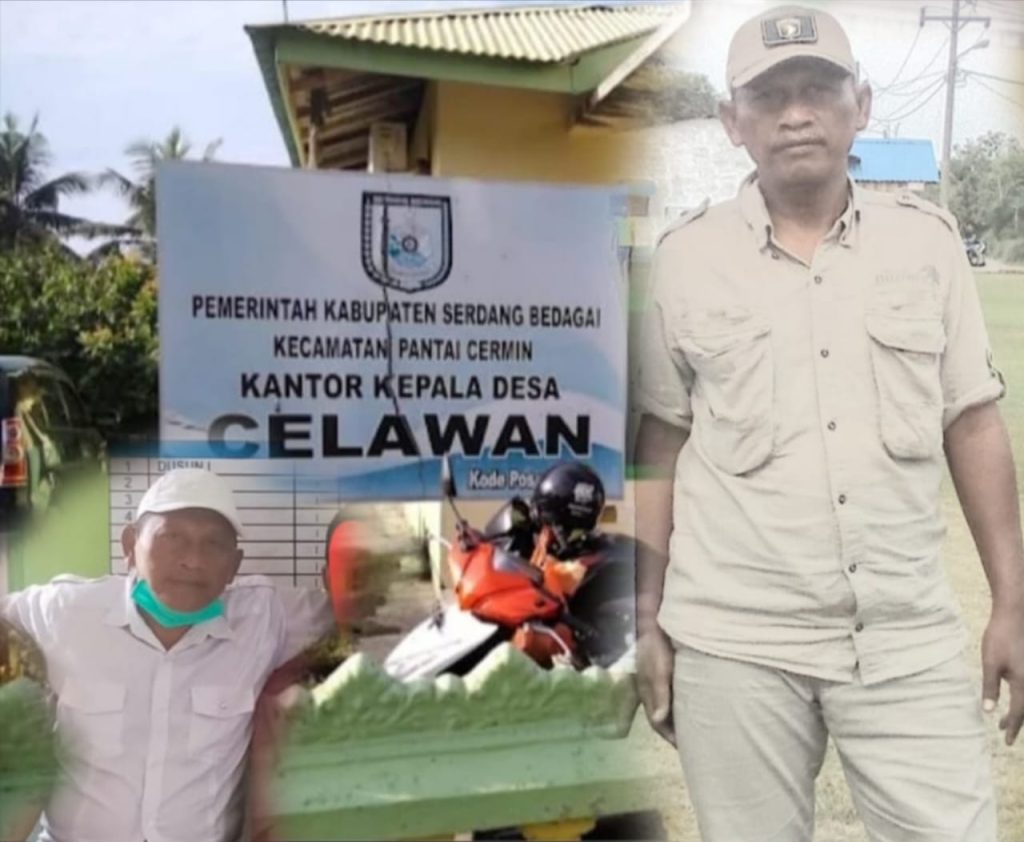 Kolase foto Kepala Desa Celawan, Pantai Cermin, Serdang Bedagai, Tuhadi berlatarbelakang kantor Desa Celawan. Tuhadi diduga kuat menyandera dana desa tahun anggaran 2025 untuk kepentingan pribadi. Istimewa